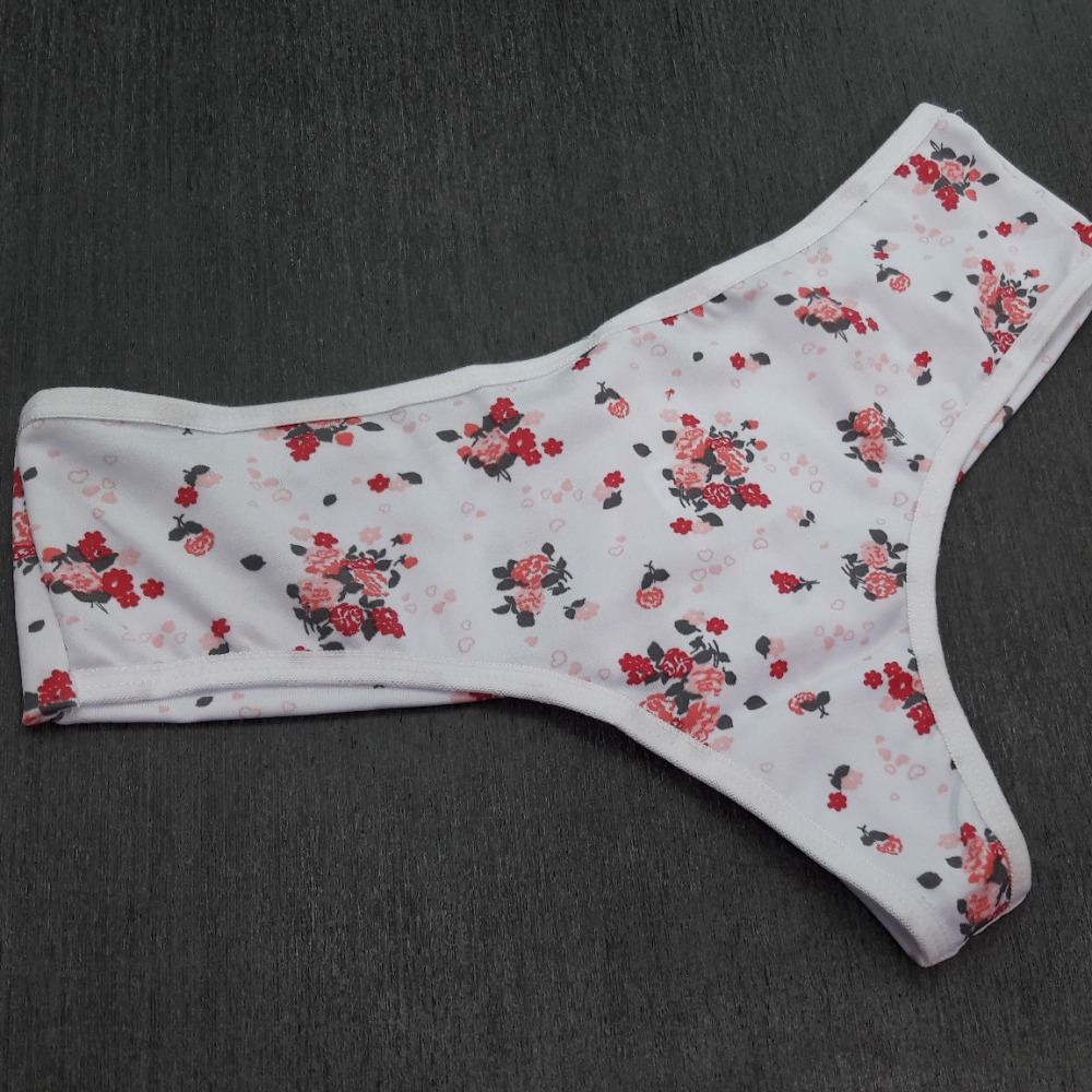 Tanga Estampada Viés Branco/ Floral Rubi e Rosa