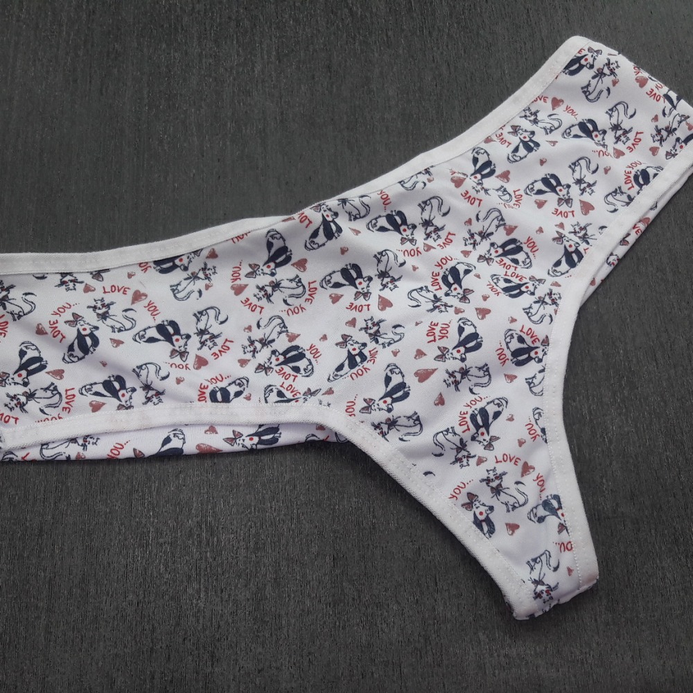 Tanga Estampada Viés Branco/ Gatos