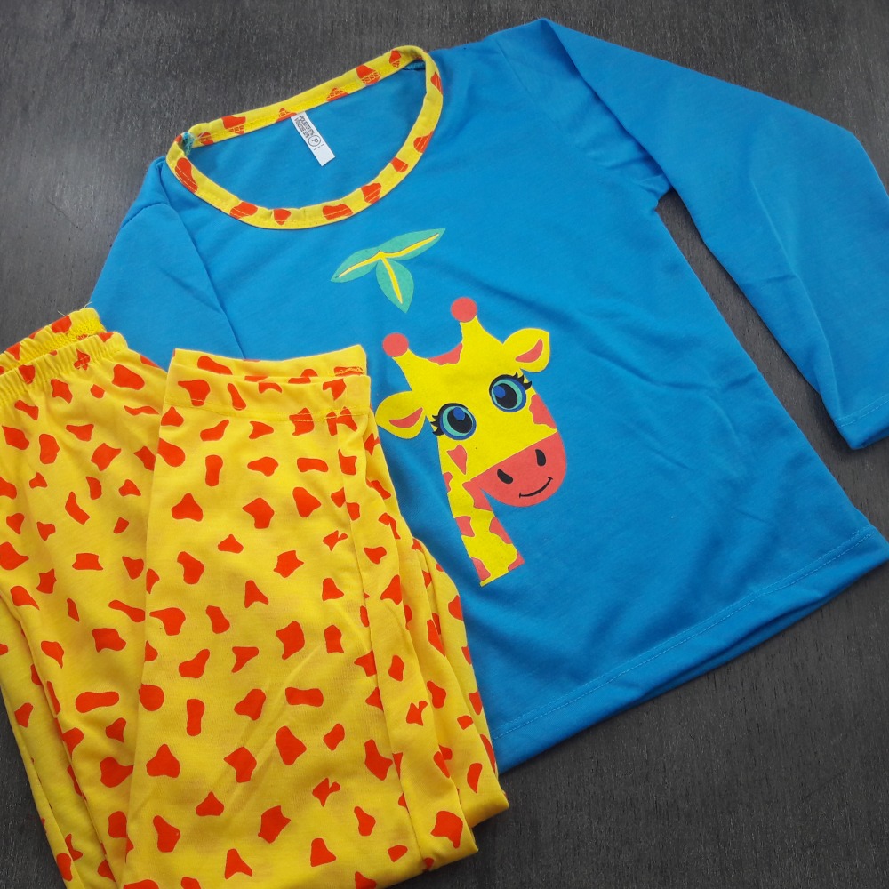 Pijama Longo Infantil Azul/Girafa