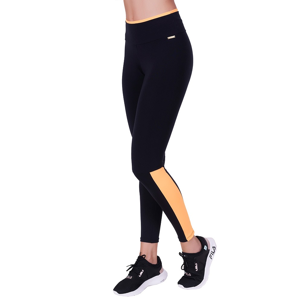 Calça legging fitness em poliamida cós duplo largo com listras laterais  preto - MTX